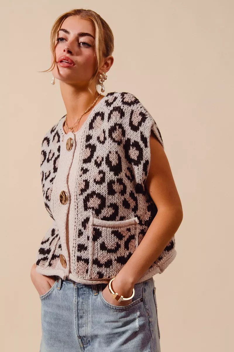 Big Metal Button Front Leopard Sweater Vest Top, image 3