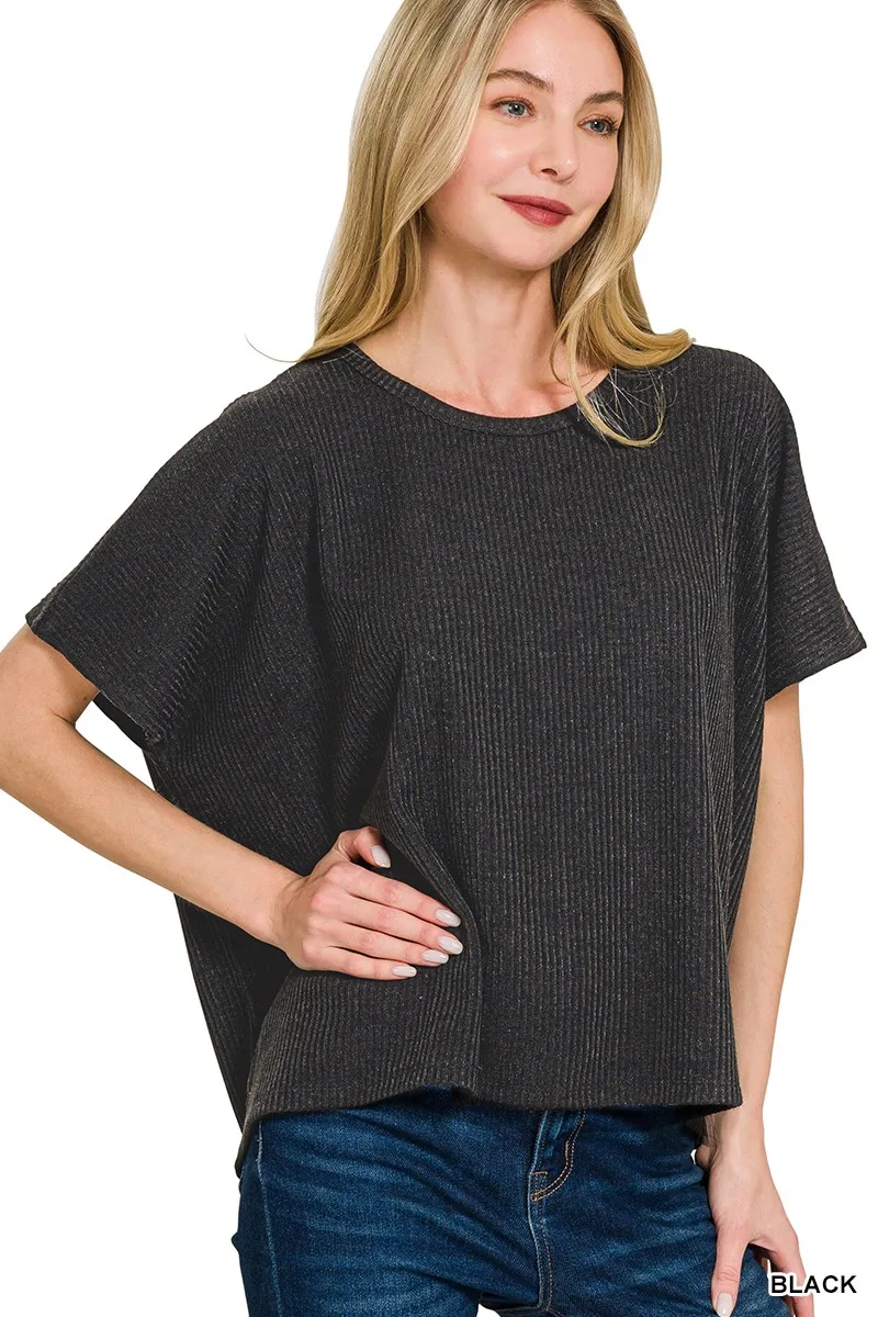 Ribbed Round-Neck Short-Sleeve Knit Top