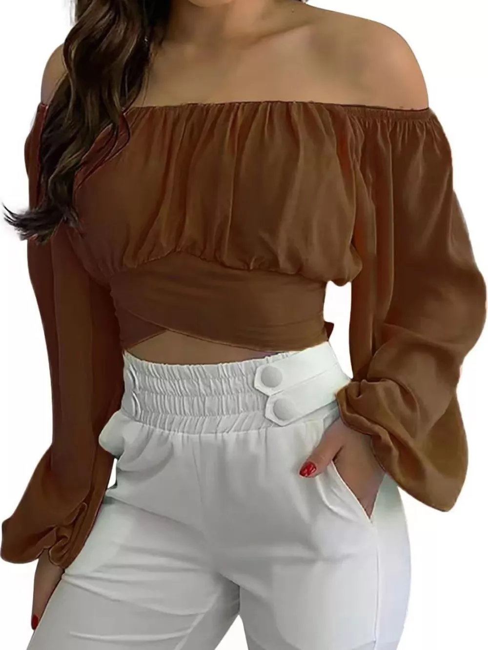 Off-Shoulder Long Sleeve Cropped Blouse, image 21