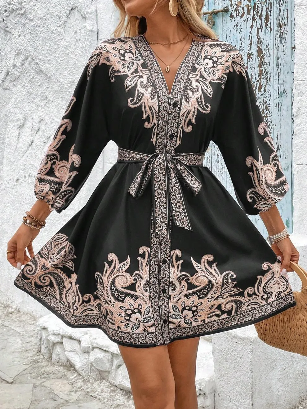 Paisley V-Neck 3/4 Sleeve Mini Dress, image 4
