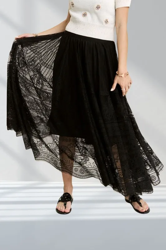 Elastic Waist Raw Hem Lace Maxi Skirt, image 4