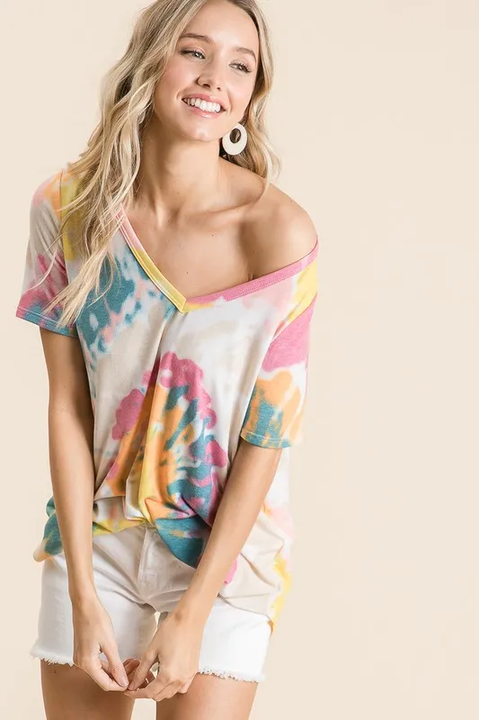 Circular Tie Dye Print V Neck Top, image 3
