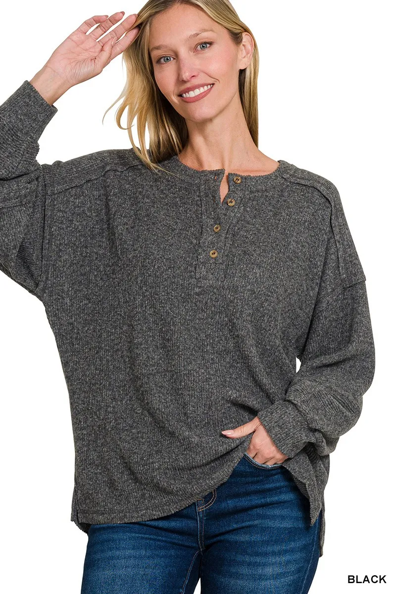 Full Size Ribbed Brushed Hacci Melange Henley Sweater Plus Size, image 4