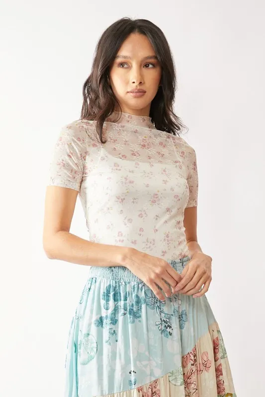 Floral Mesh Mock Neck Short Sleeve Top