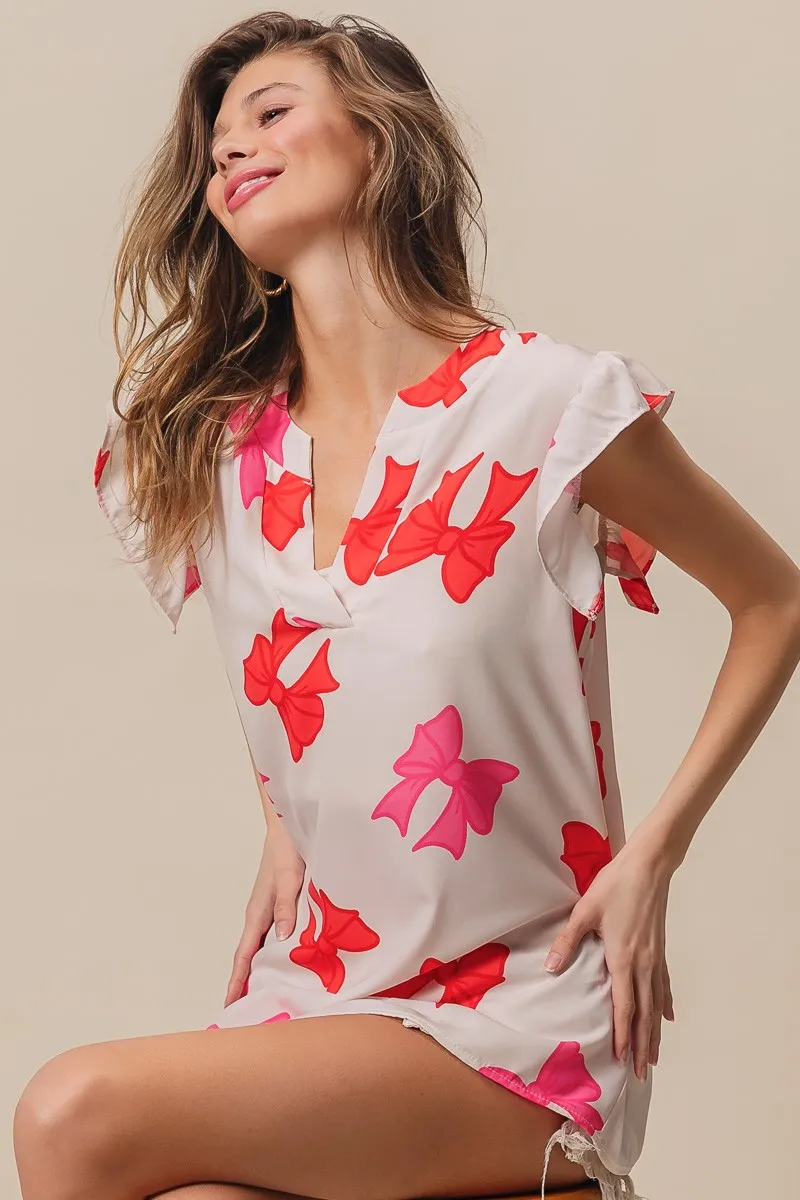 Bow Printed Woven Ruffled Sleeves V Neck Top, image 4
