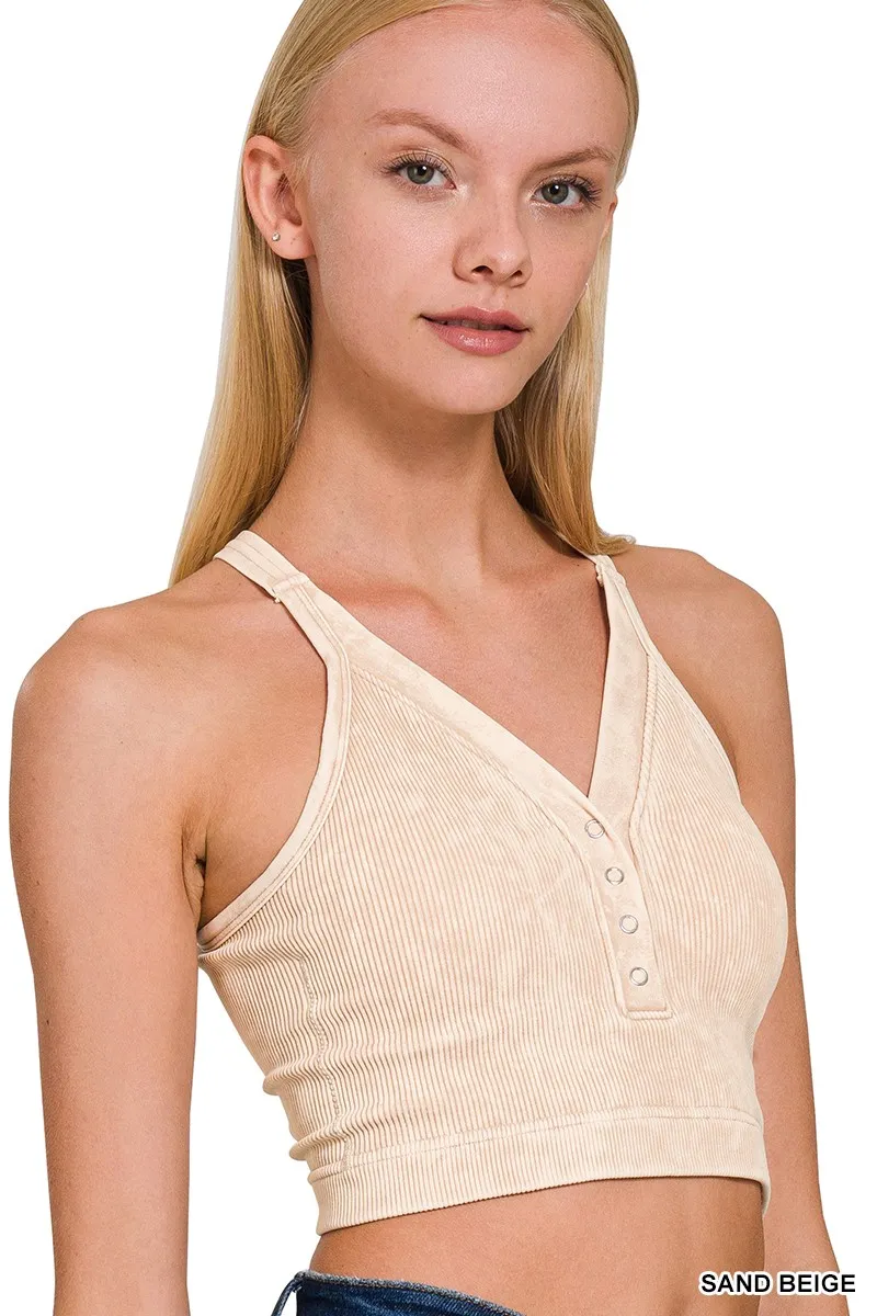 Washed Ribbed Seamless Button V-neck Tank Top