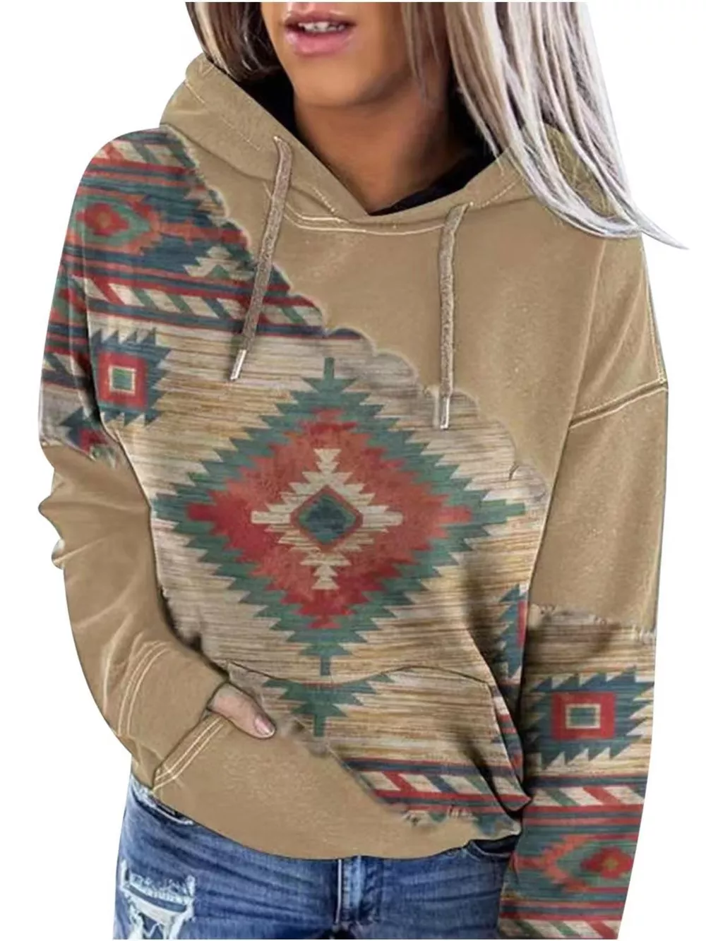 Full Size Aztec Print Hoodie with Kangaroo Pocket Plus Size, image 10
