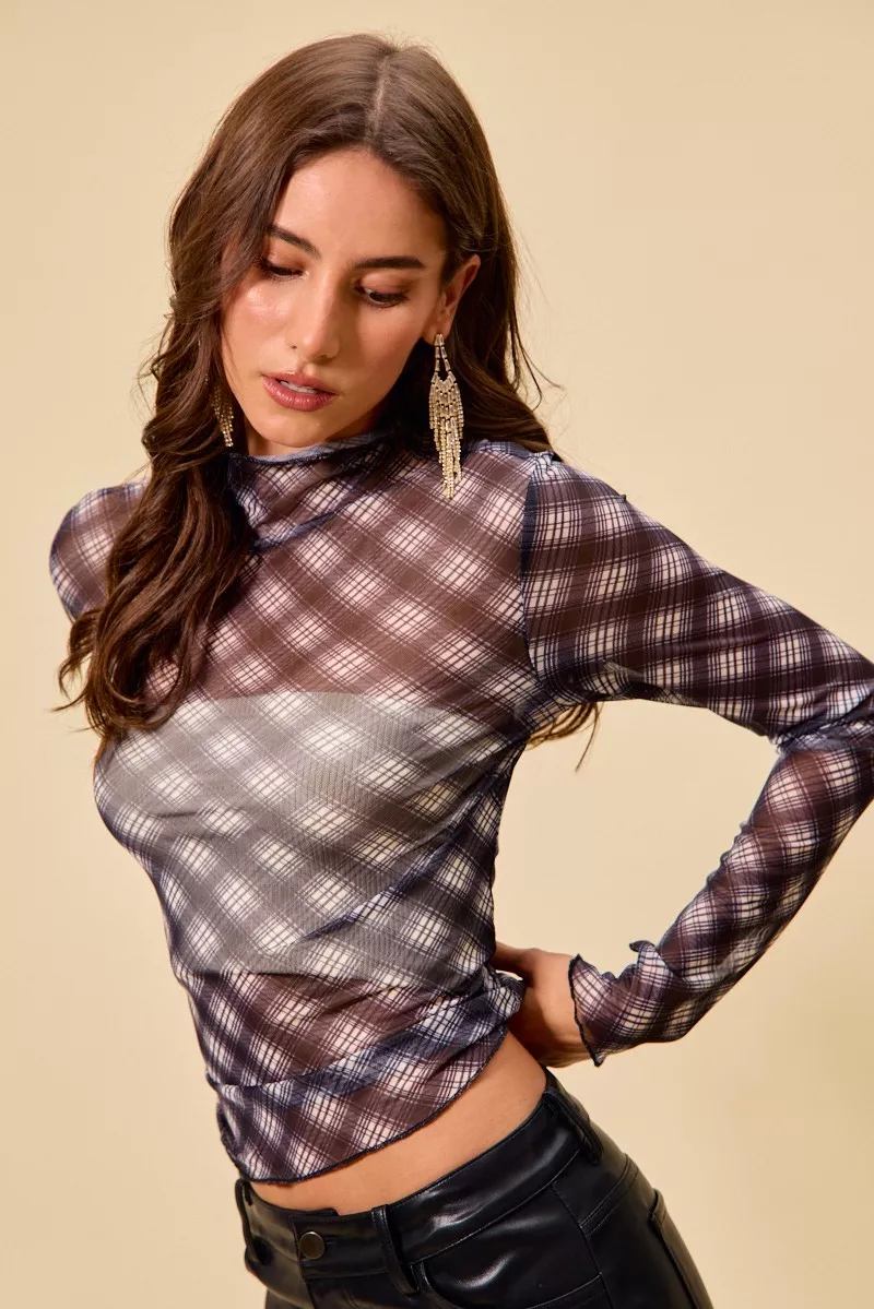 Plaid Mesh Knit Long Sleeve Top with Thumb Opening, image 2