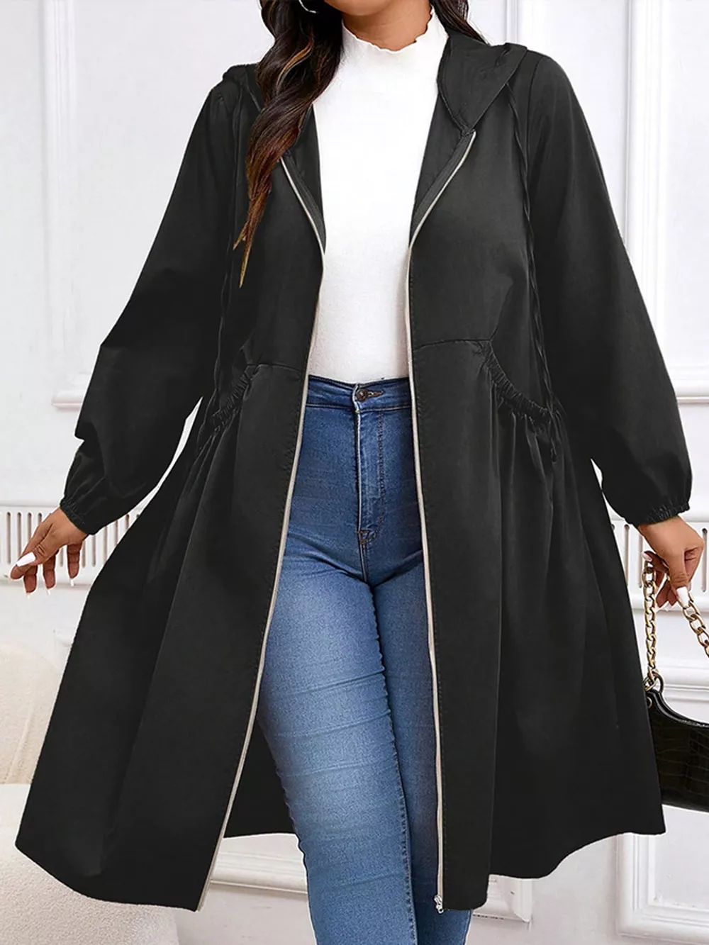 Plus Size Hooded Zip-Up Longline Windbreaker Outerwear, image 2