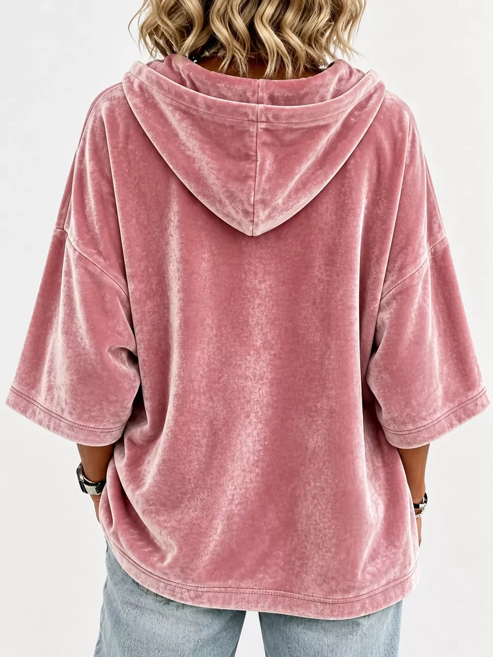 Full Size Velvet Half Sleeve Hoodie with Drawstring Plus Size, image 18