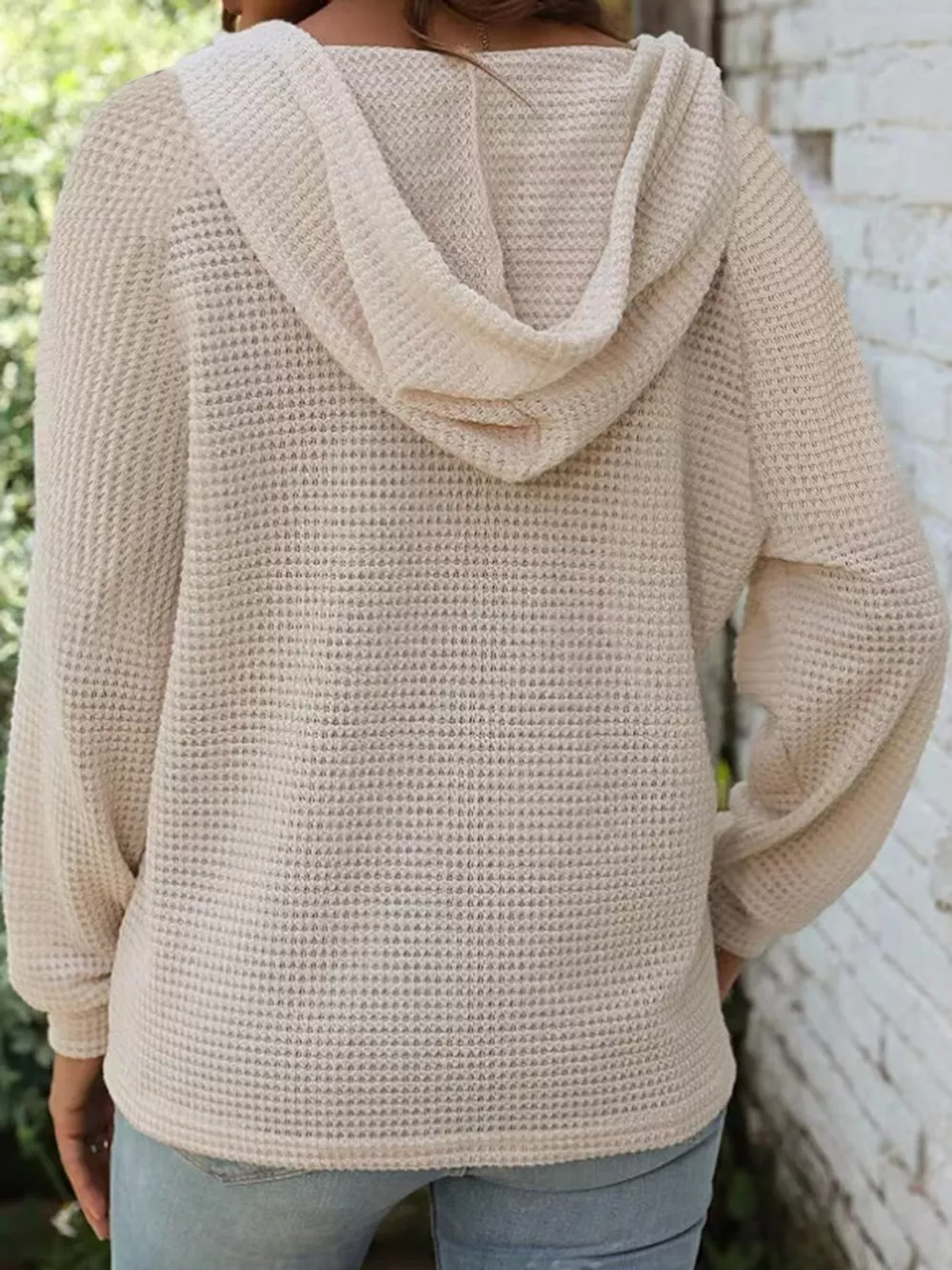 Full Size Waffle Knit Button Detail Hoodie Plus Size, image 6