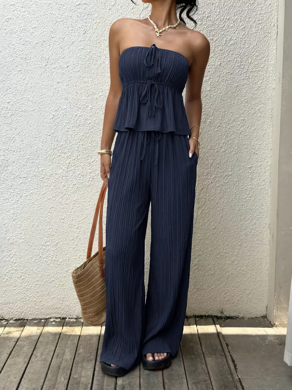 Textured Tube Top & Wide Leg Pants Set, image 5