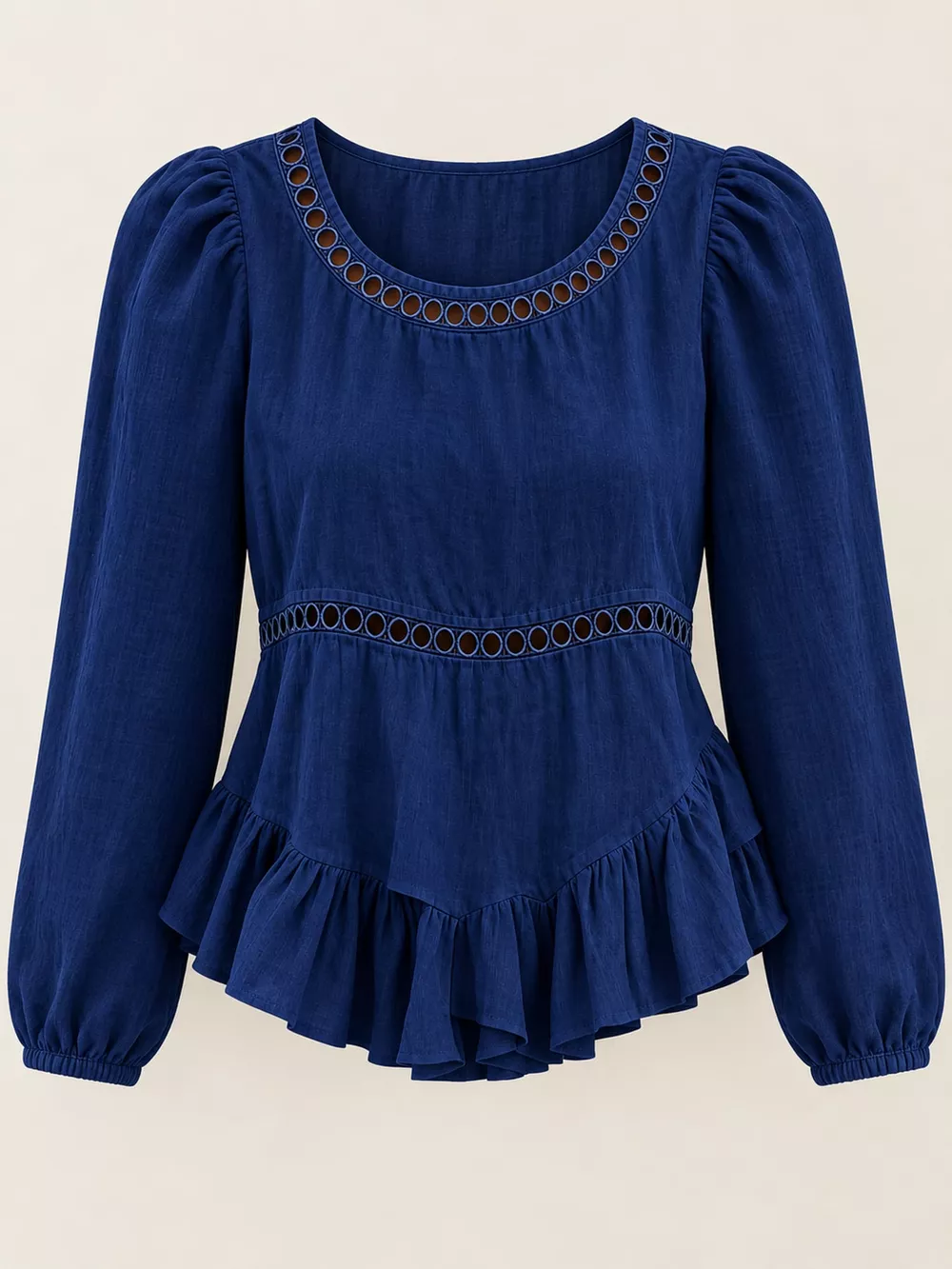Long Sleeve Blouse with Eyelet Lace Trim and Ruffled Hem, image 26