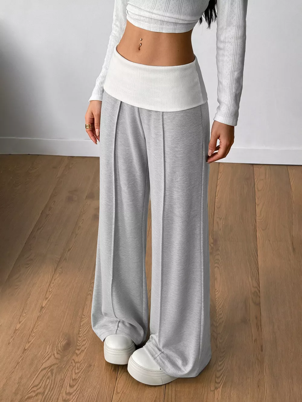 High-Waisted Wide-Leg Contrast Pants, image 2