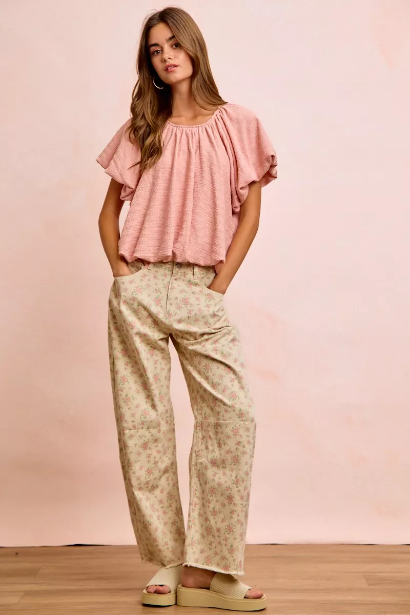 Stripes Textured Shirred Neckline Bubble Hem Top, image 6