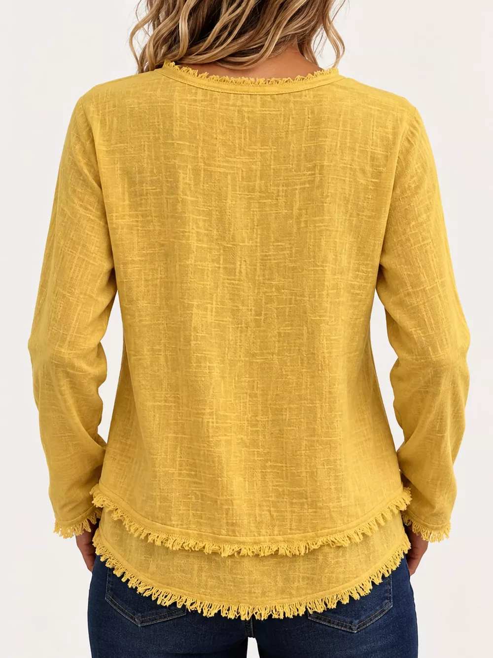 Full Size Frayed Hem V-Neck Long Sleeve Blouse Plus Size, image 33
