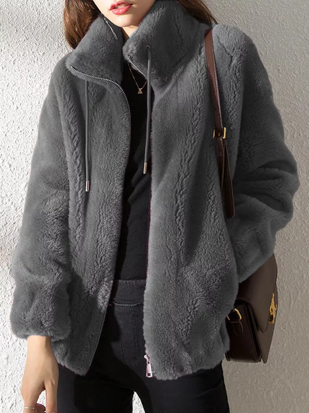 Full Size Drawstring Faux Fur Stand-Collar Zip-Up Outerwear Plus Size, image 13