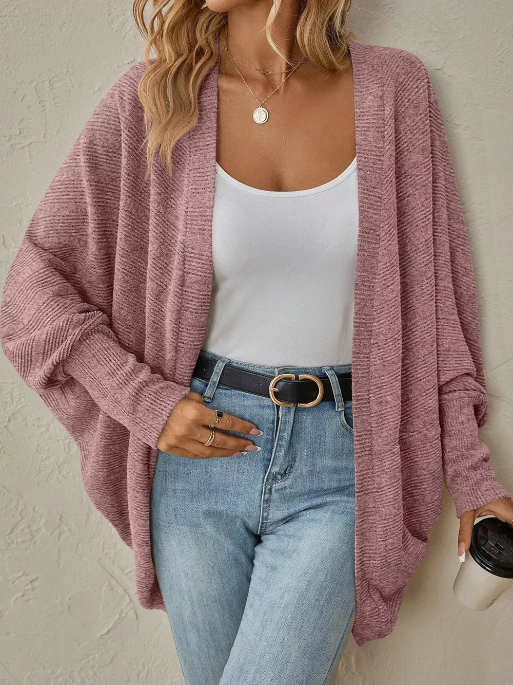 Casual Open Front Batwing Sleeve Ribbed Knit Cardigan, image 11