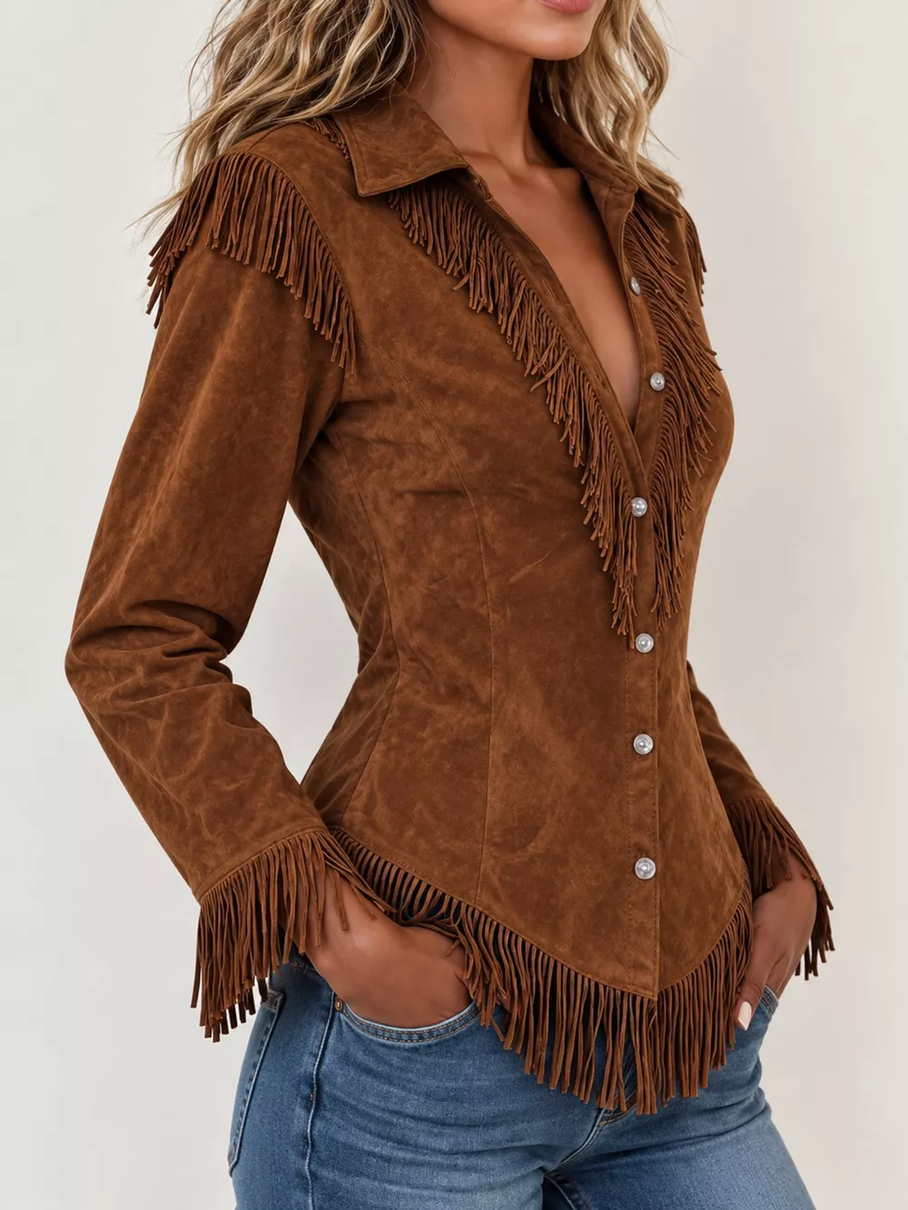 Full Size Fringed Button Up Shirt Plus Size, image 17