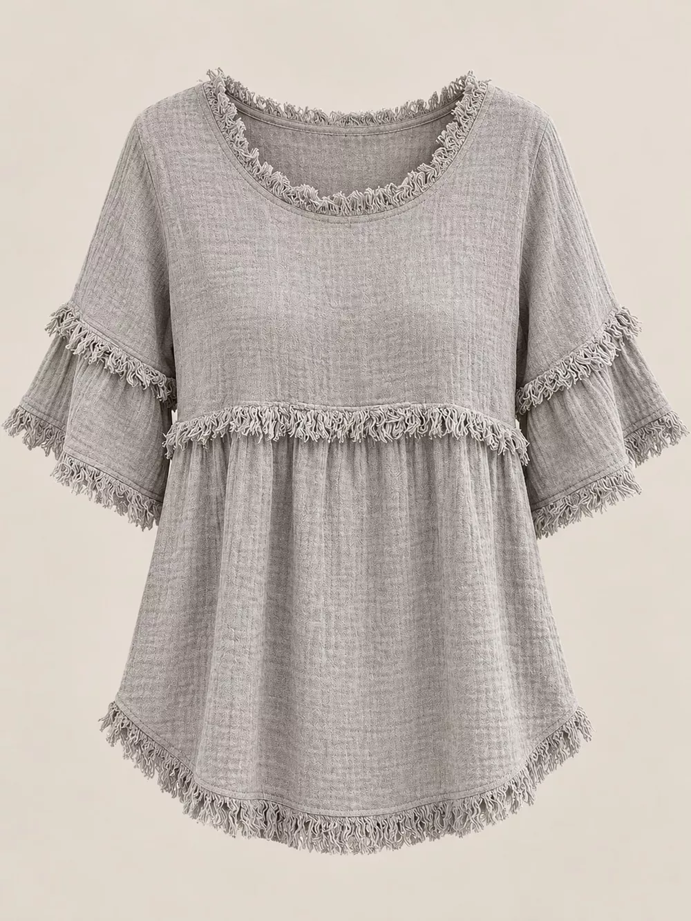 Full Size Frayed Edge Textured Blouse Plus Size, image 45