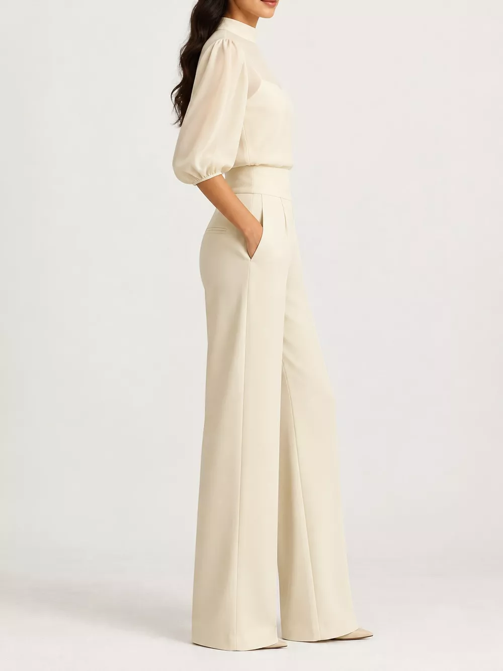 Mock Neck Puff Sleeve Top and Wide Leg Pants Set, image 9