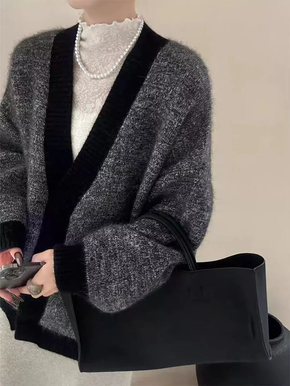 V-Neck Cardigan with Contrast Trim, image 4