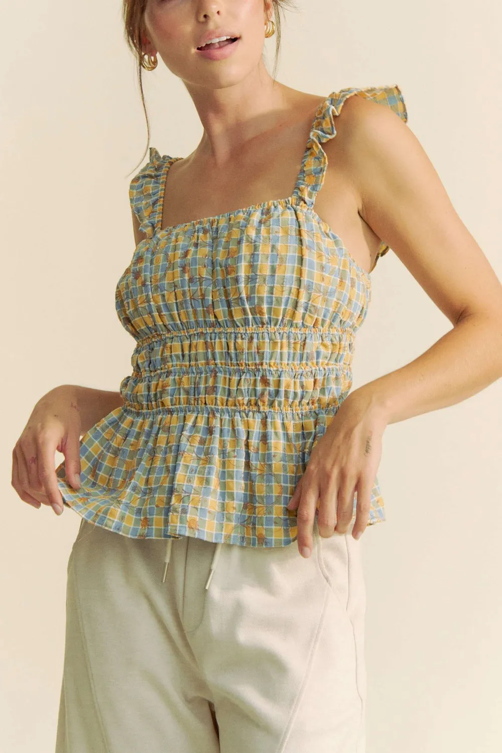 Plaid Ruffled Strap Smocked Sleeveless Top, image 4