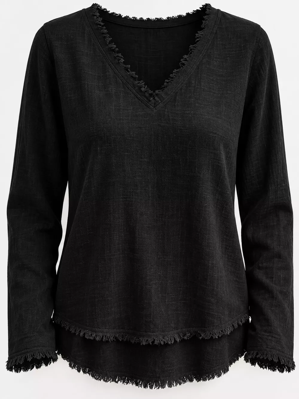 Full Size Frayed Hem V-Neck Long Sleeve Blouse Plus Size, image 10