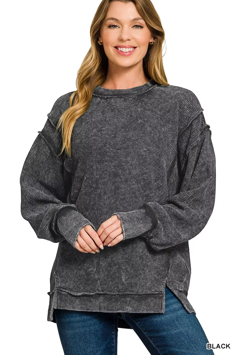 Acid Washed Double Ribbed Exposed-Seam Sweatshirt