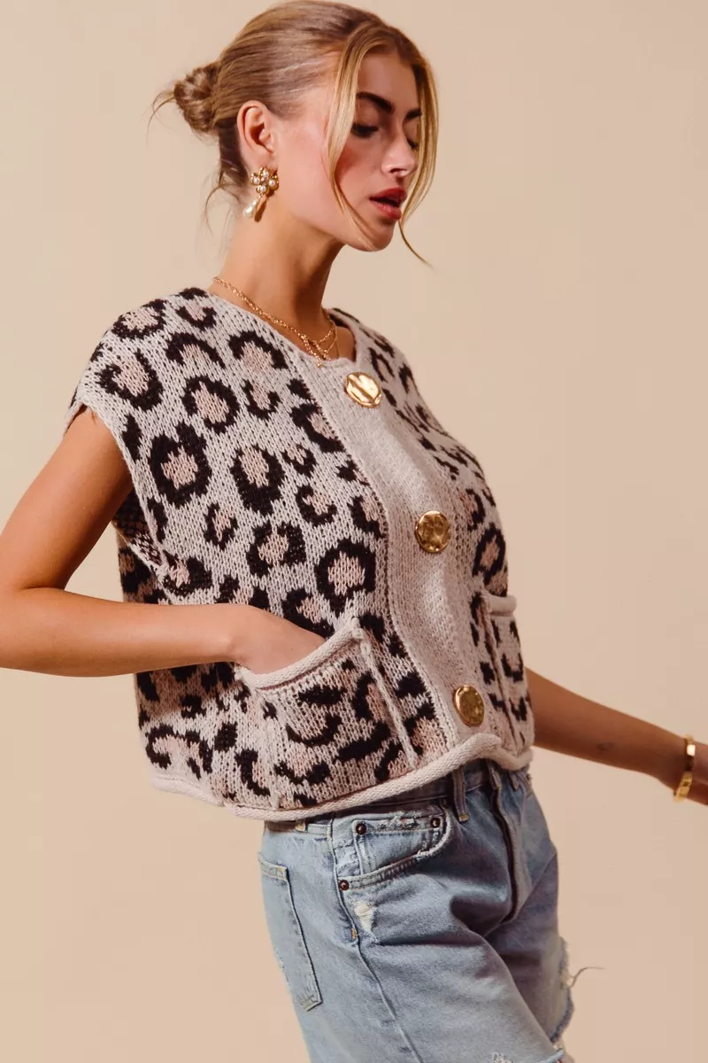 Big Metal Button Front Leopard Sweater Vest Top, image 4