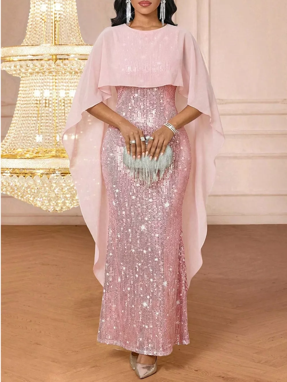 Sequin Cape Overlay Evening Dress, image 4