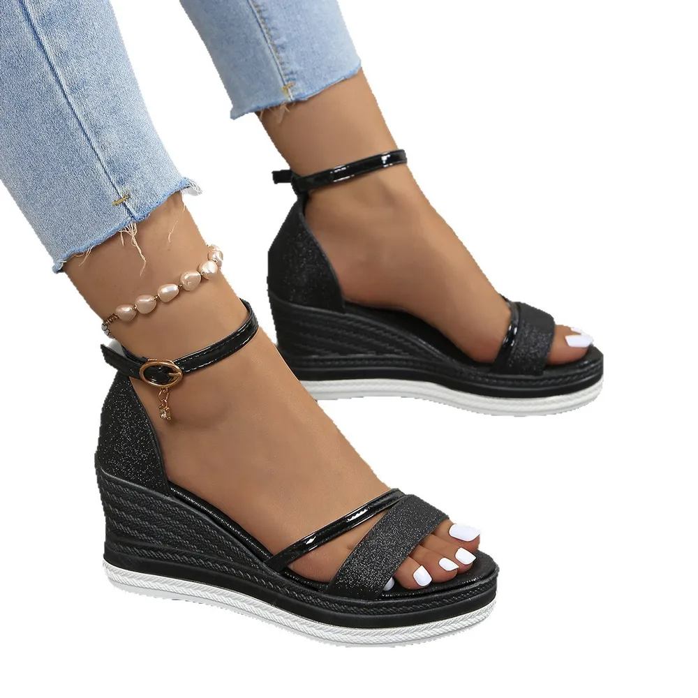 Glitter Platform Wedge Sandals with Ankle Strap, image 2