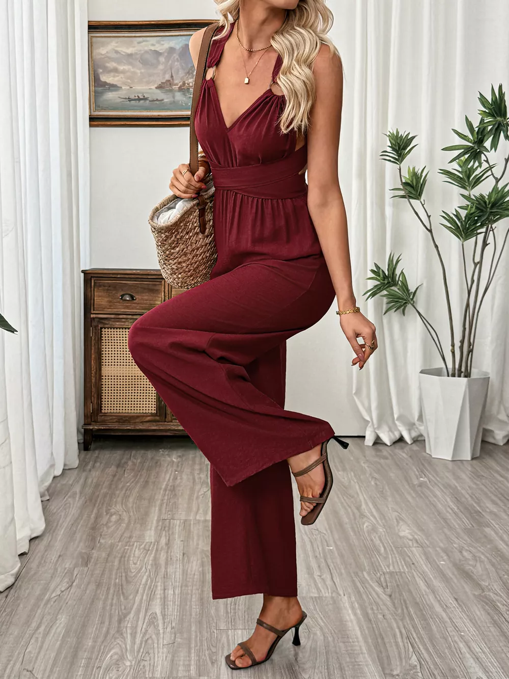 V-Neck Sleeveless Wide Leg Jumpsuit, image 3