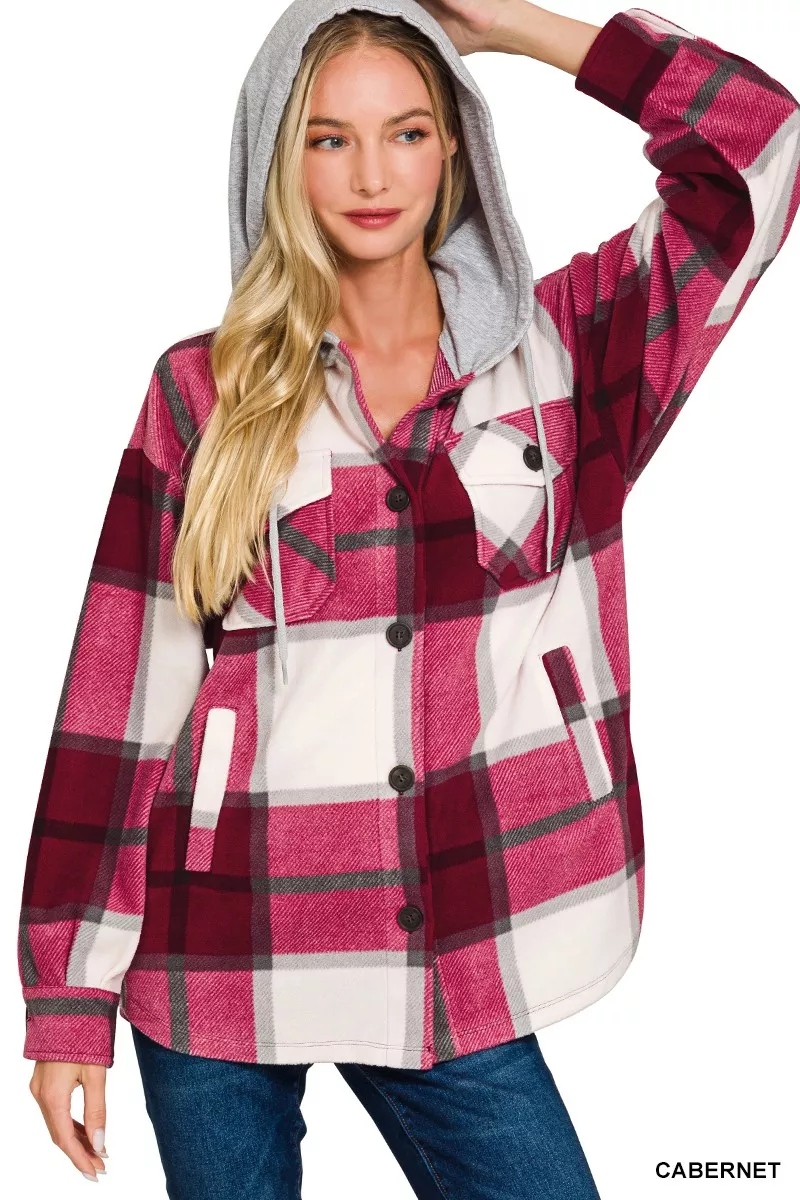Plaid Drawstring Hooded Fleece Shacket, image 2