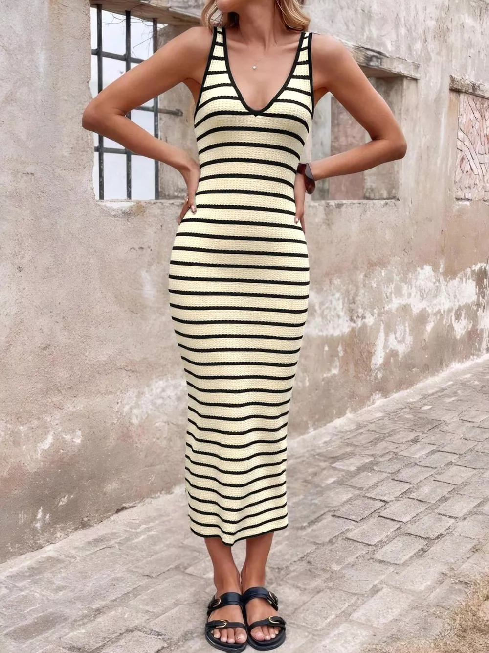 Striped Bodycon Knit Midi Dress, image 2