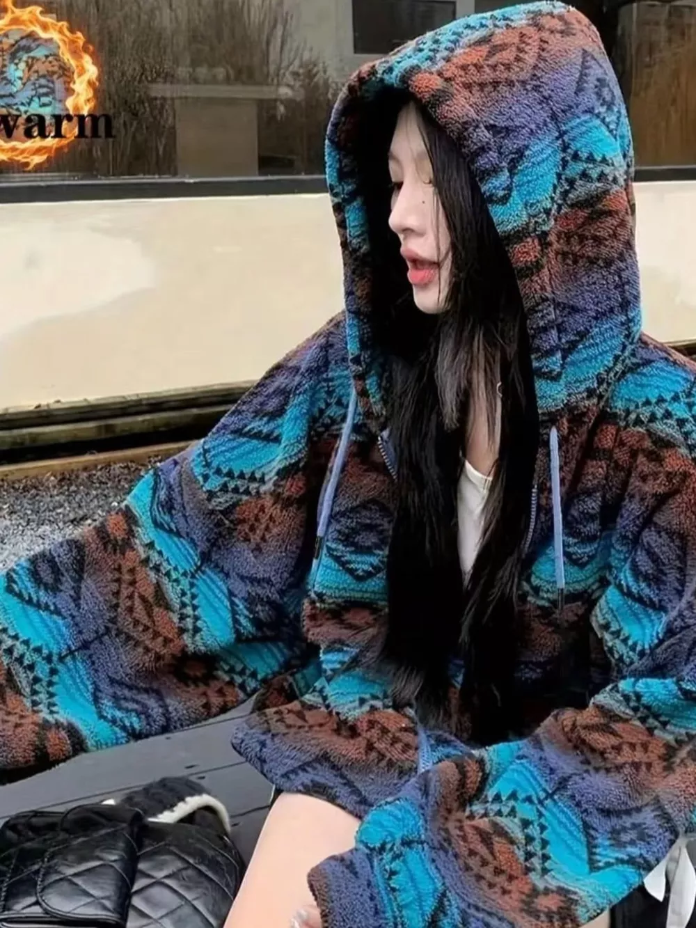 Geometric Pattern Fleece Zip-Up Jacket, image 4