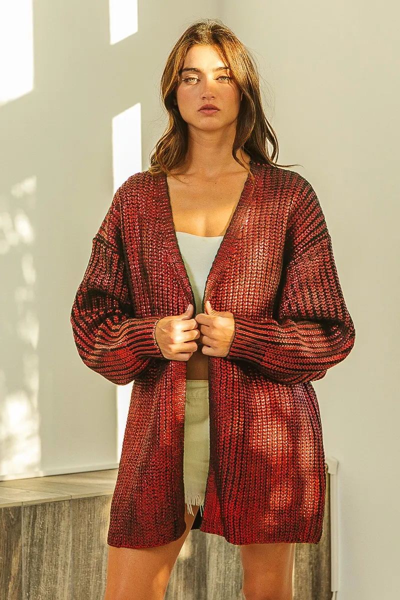Metallic Knit V-neck Open Sweater Cardigan, image 3