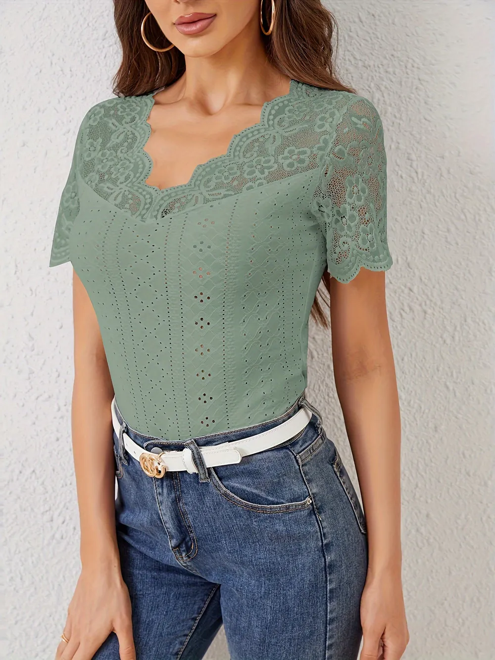 Lace Scalloped V-Neck Eyelet T-Shirt, image 11