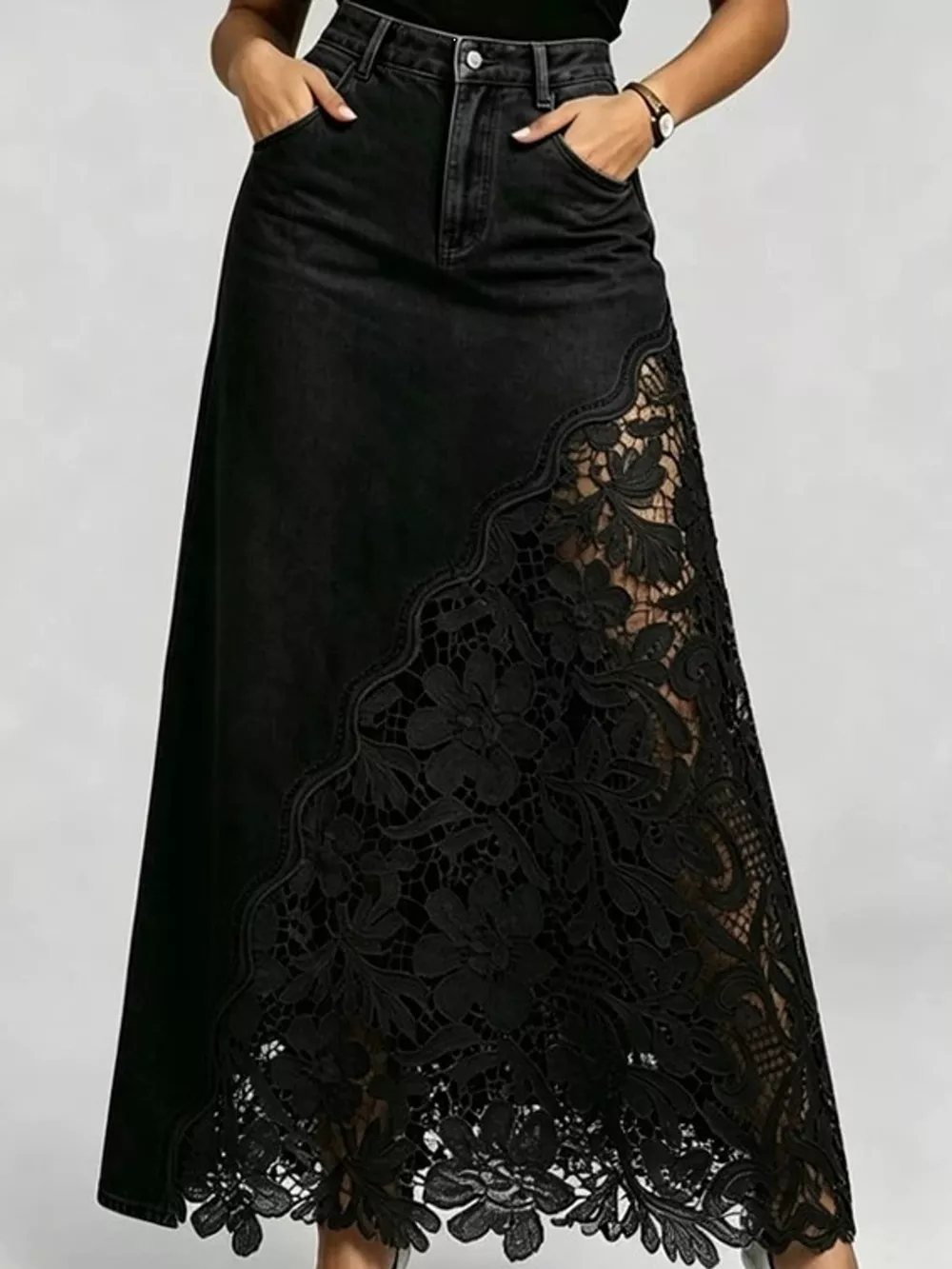 Full Size High-Waisted Lace Denim Skirt Plus Size, image 4