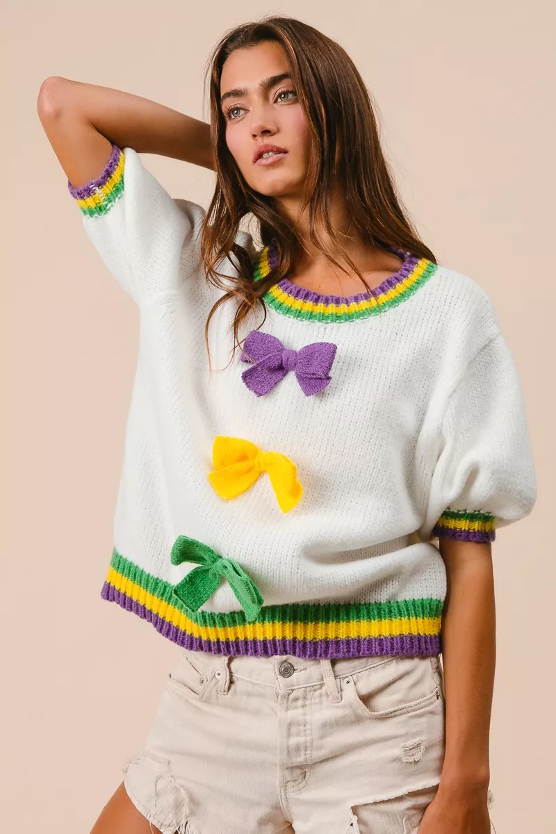 Short Puff Sleeve Ribbon Bow Mardi Gras Sweater, image 4
