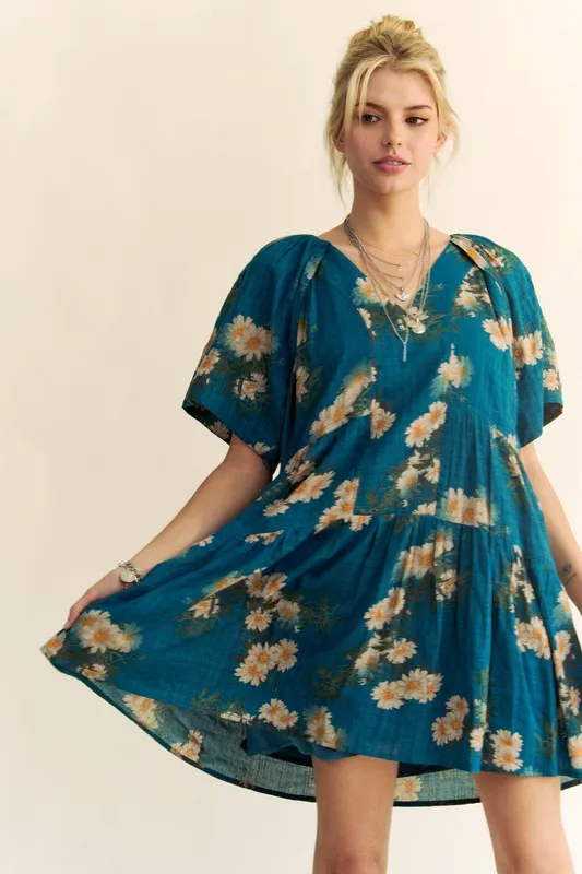 Floral Print Short Bell Sleeve Pleated Mini Dress, image 2