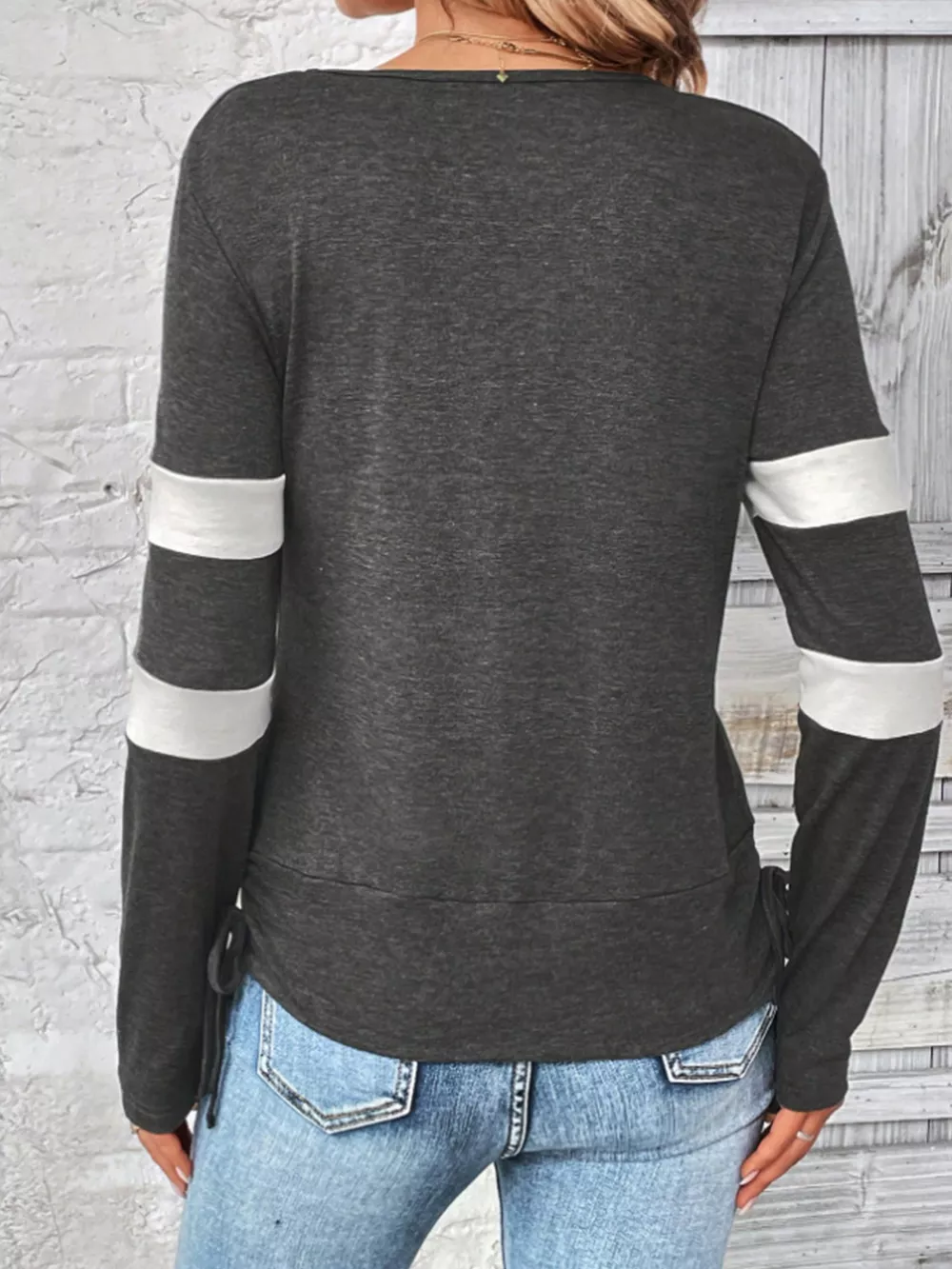 Cowl Neck Long Sleeve Fake Two-Piece T-Shirt, image 3