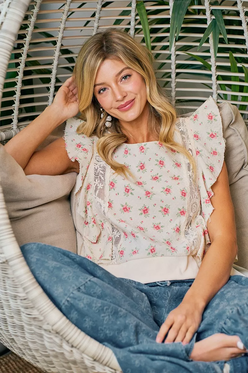 BiBi Flower Printed Ruffle Sleeve Trim Detail Top, image 10