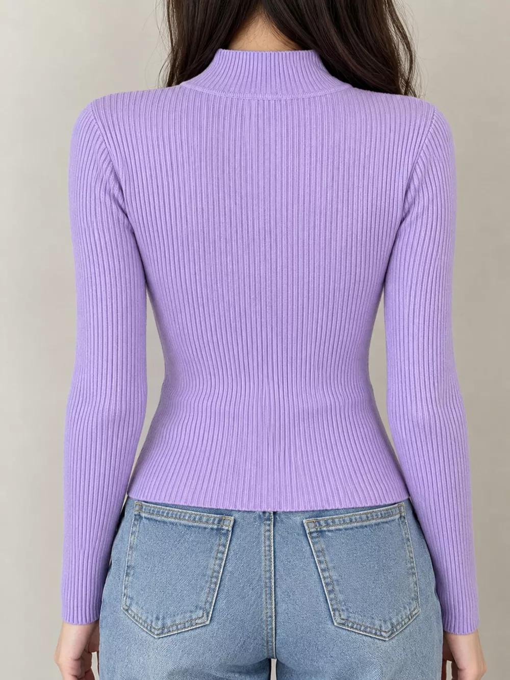 Elegant Slim-Fit Ribbed Mock Neck Knit Top, image 55