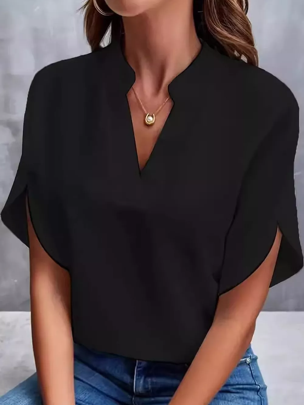 Notched Slit Short Sleeve Blouse