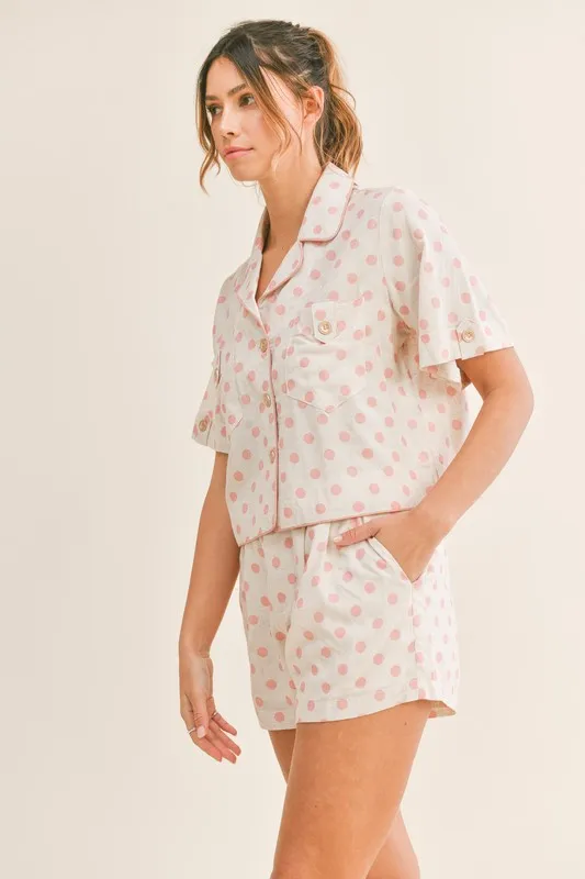 Polka Dot Collar Crop Top and Short Lounge Set, image 2