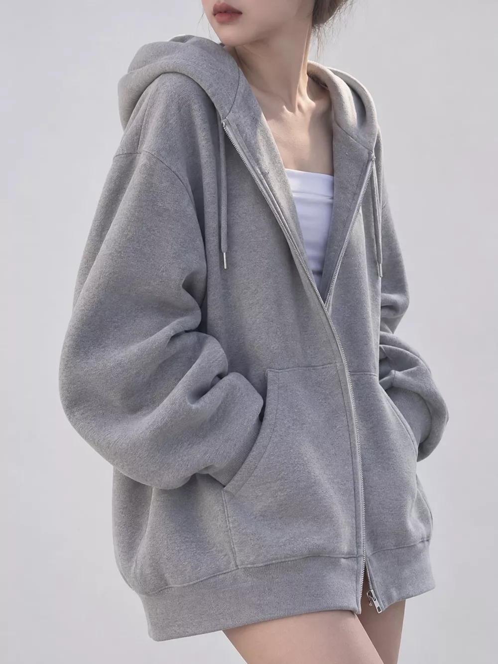 Full Size Zip-Up Dropped Shoulder Hoodie Plus Size, image 4