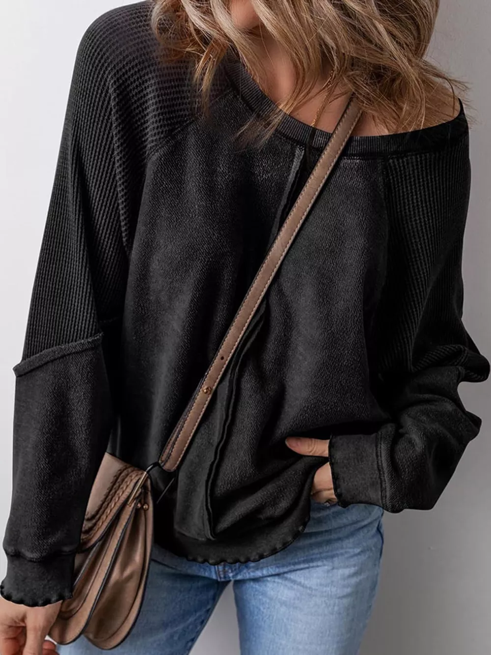 Waffle Knit Raglan Sleeve Sweatshirt, image 8
