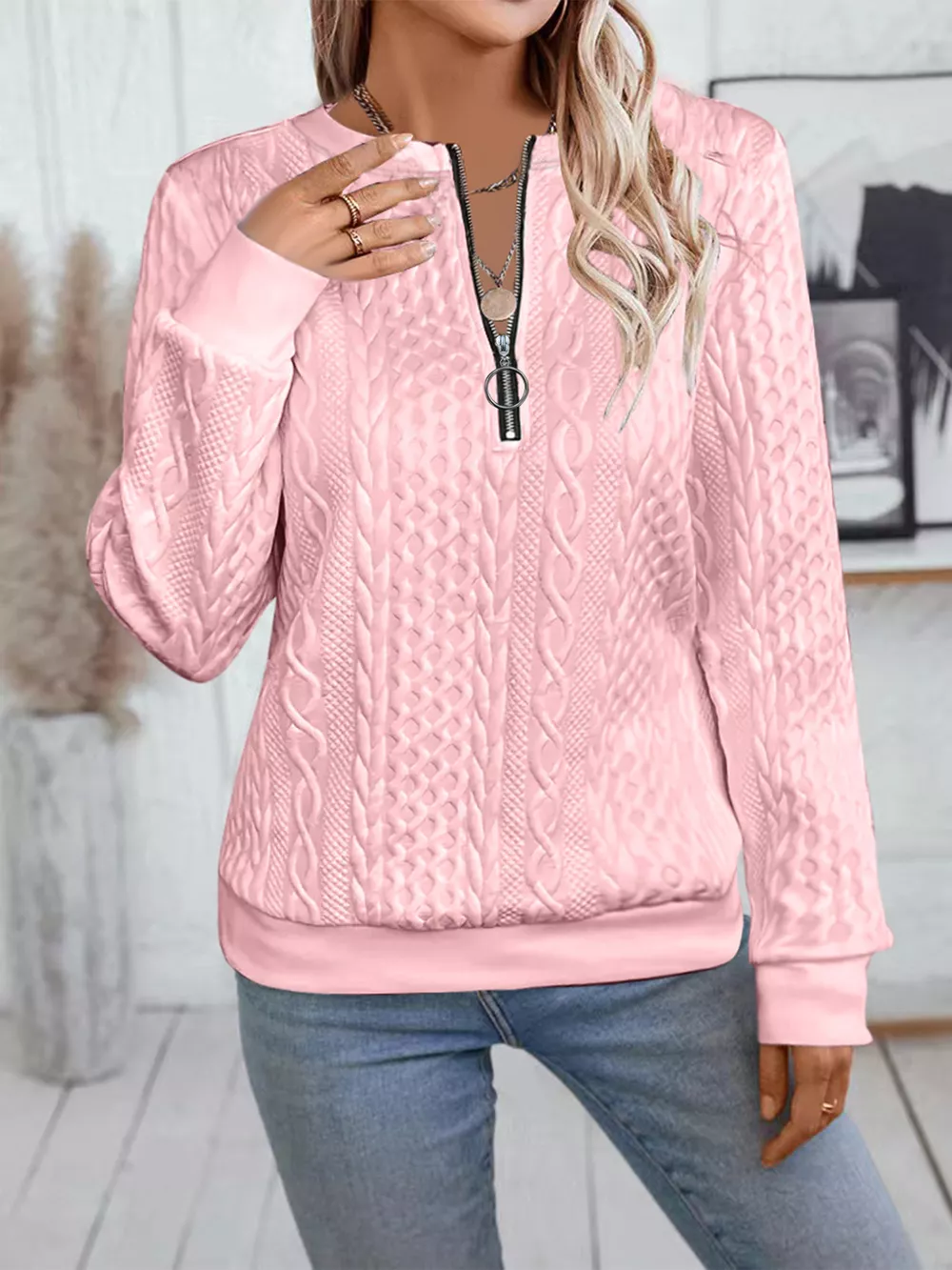 Chic Cable Texture Quarter-Zip Sweatshirt, image 10