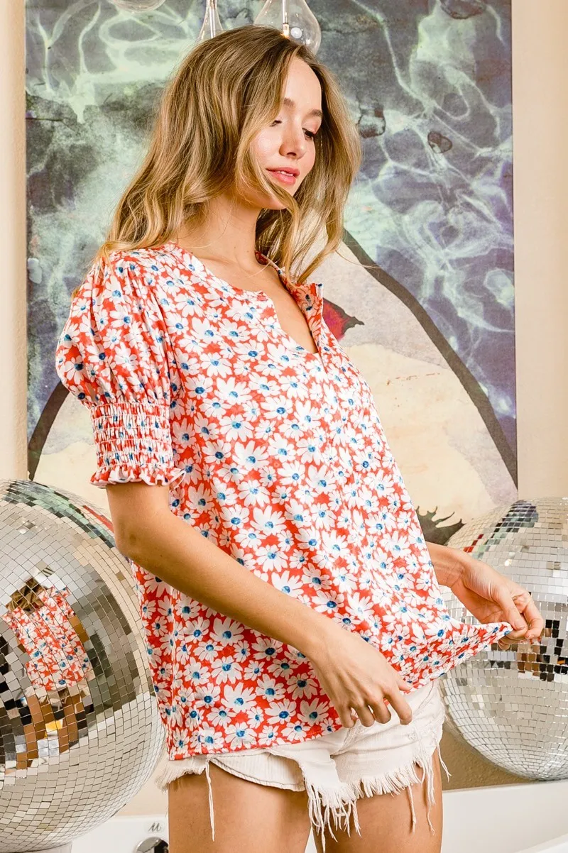Floral Jqd Smoked Puff Sleeves V Neck Top, image 14